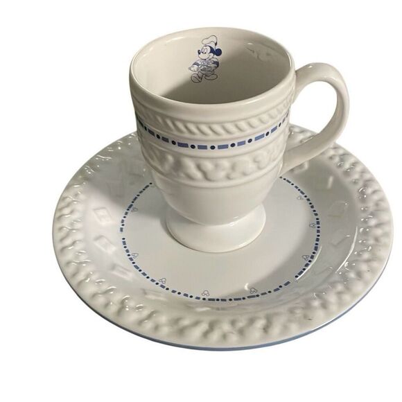 GOURMET DISNEY 10 oz Pedestal Mug 8” Saucer Blue Embossed Mickey Set Retired - Picture 1 of 5